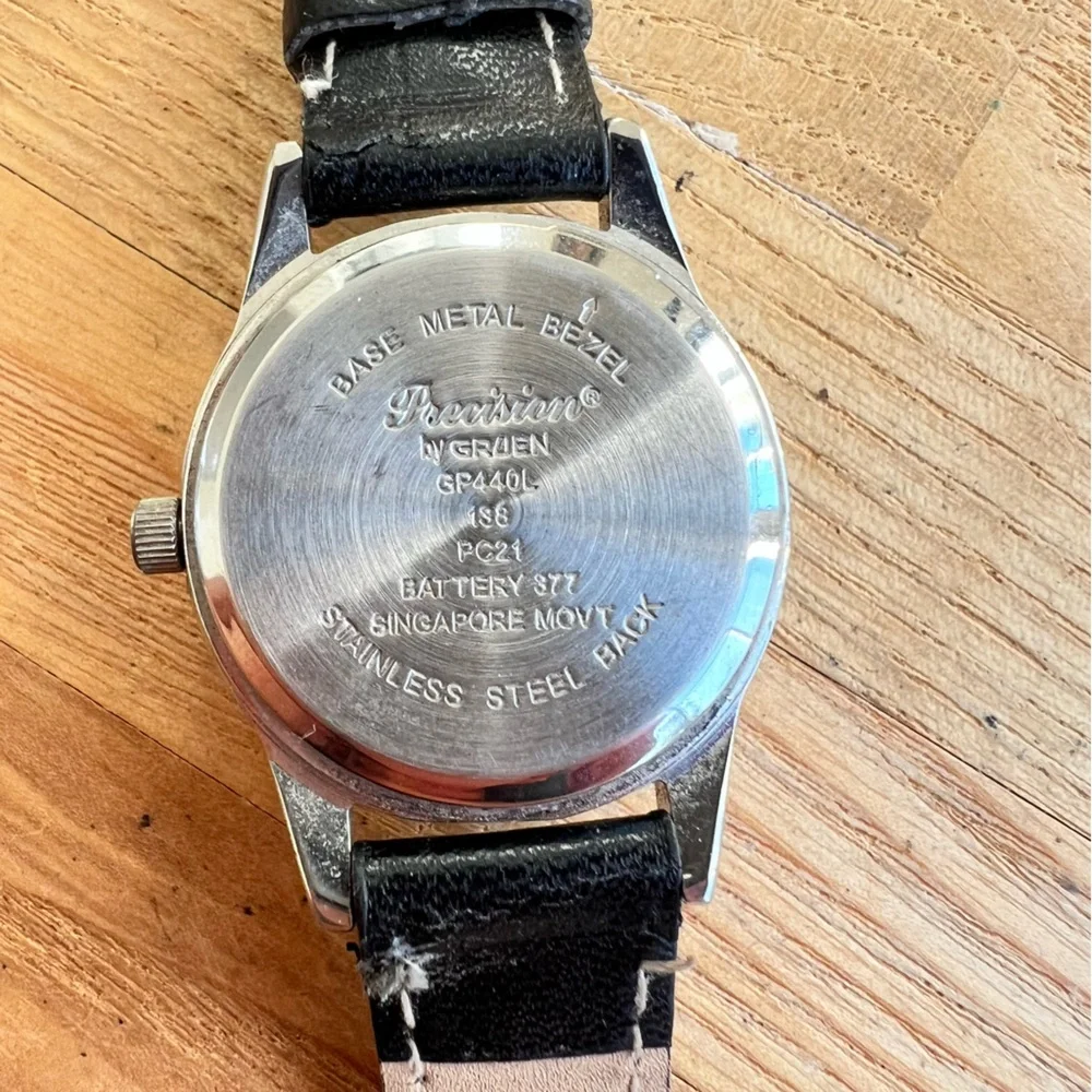 Precision by Gruen ladies silver tone black leather dress watch NEW BATTERY
